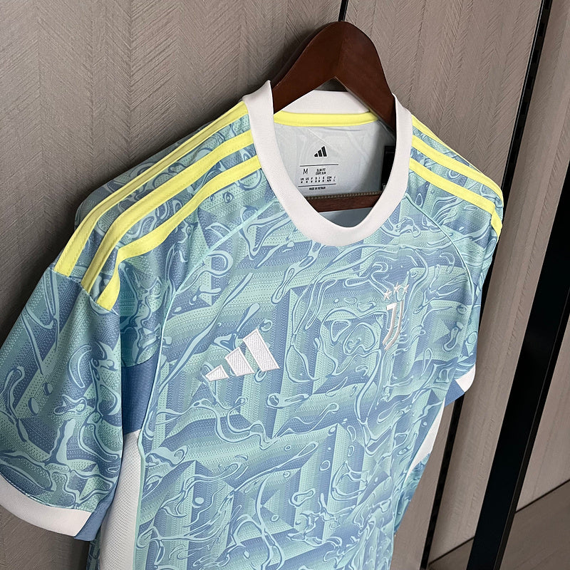 camisa-camiseta-juventus-adidas-versao-torcedor-masculina-25-26-away-fora-ii-secundaria-2-branca-branco-rosa-preta-preto-amarela-amarelo-azul-claro-clara_7