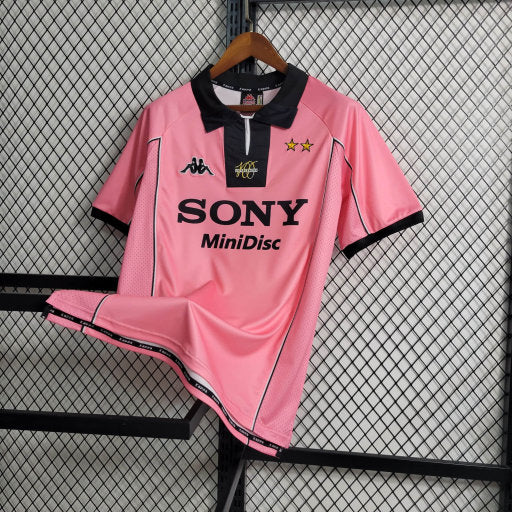 camisa-camiseta-juventus-kappa-sony-minidisc-versao-torcedor-masculina-97-98-away-fora-ii-secundaria-2-rosa-preta-preto-branco-branca-retro_6