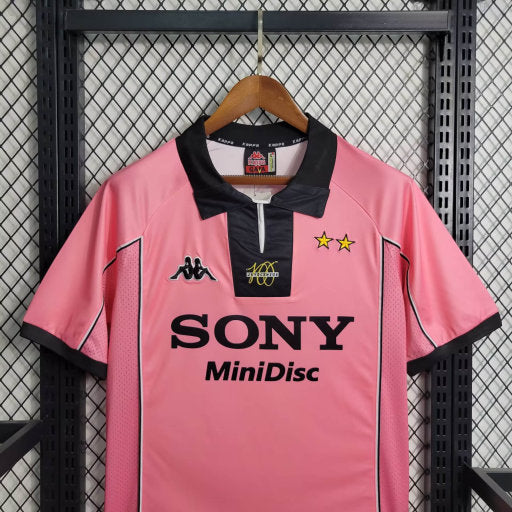 camisa-camiseta-juventus-kappa-sony-minidisc-versao-torcedor-masculina-97-98-away-fora-ii-secundaria-2-rosa-preta-preto-branco-branca-retro_7