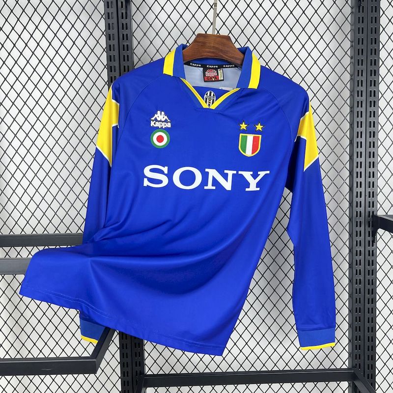 camisa-camiseta-manga-longa-juventus-kappa-sony-versao-torcedor-masculina-95-96-away-fora-ii-secundaria-2-azul-amarela-amarelo-retro_1