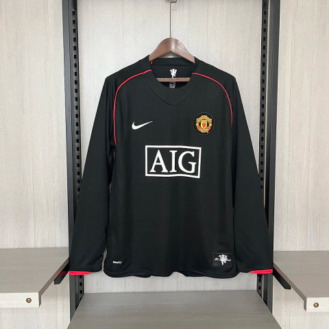 camisa-camiseta-manga-longa-manchester-united-nike-aig-versao-versao-torcedor-cr7-cristiano-ronaldo-masculina-07-08-away-fora-ii-secundaria-2-vermelha-preta-preto-retro-retro-vermelho