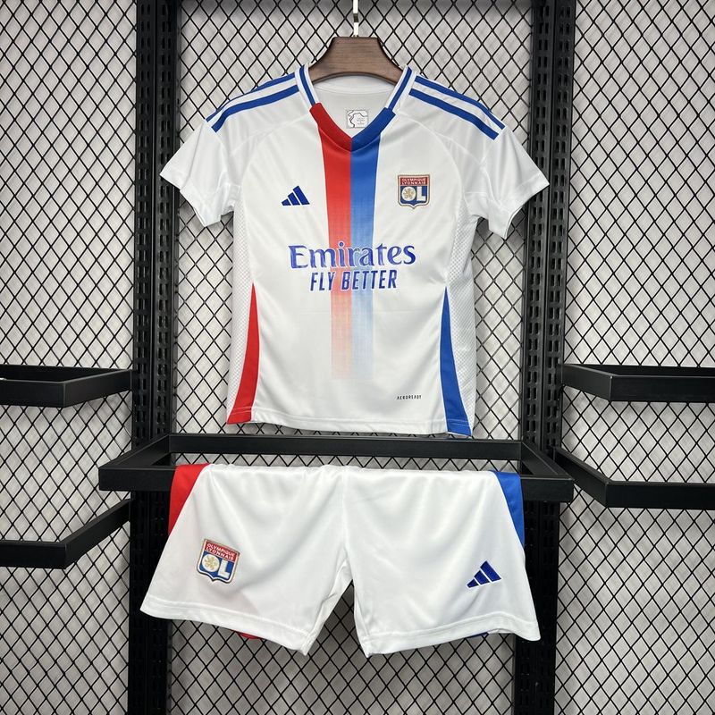 camisa-camiseta-olympique-lyonnais-lyon-adidas-emirates-fly-better-versao-versao-torcedor-conjunto-infantil-24-25-home-casa-i-principal-1-branca-branco-dourado-dourada-azul-vermelha-v