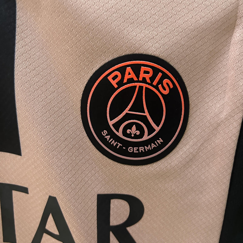 camisa-camiseta-shorts-paris-saint-germain-psg-jordan-qatar-airways-versao-versao-torcedor-conjunto-infantil-kids-24-25-third-away-fora-iii-terceira-3-bege-preta-pret_5