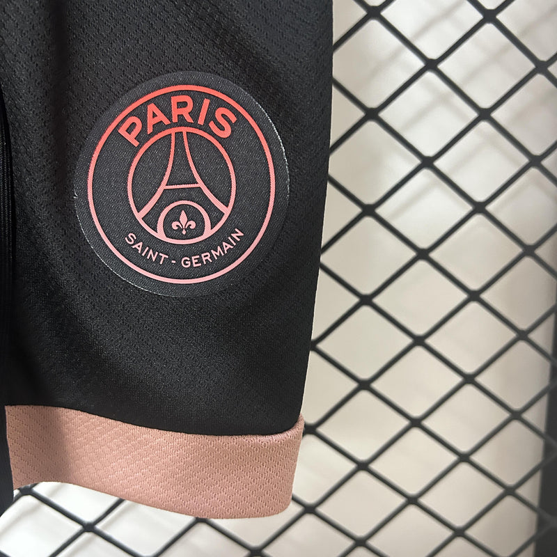 camisa-camiseta-shorts-paris-saint-germain-psg-jordan-qatar-airways-versao-versao-torcedor-conjunto-infantil-kids-24-25-third-away-fora-iii-terceira-3-bege-preta-pret